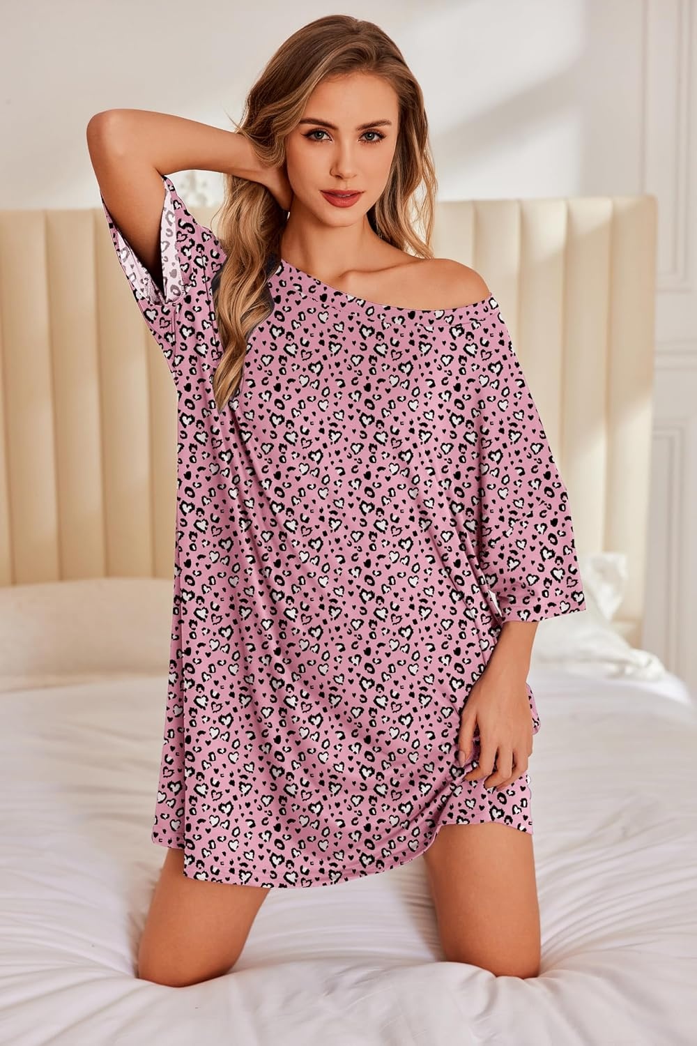 image:imageEkouaer Plus Size Nightgown for Women Oversized Sleep Shirt Sleepwear S5XLPink Leopard