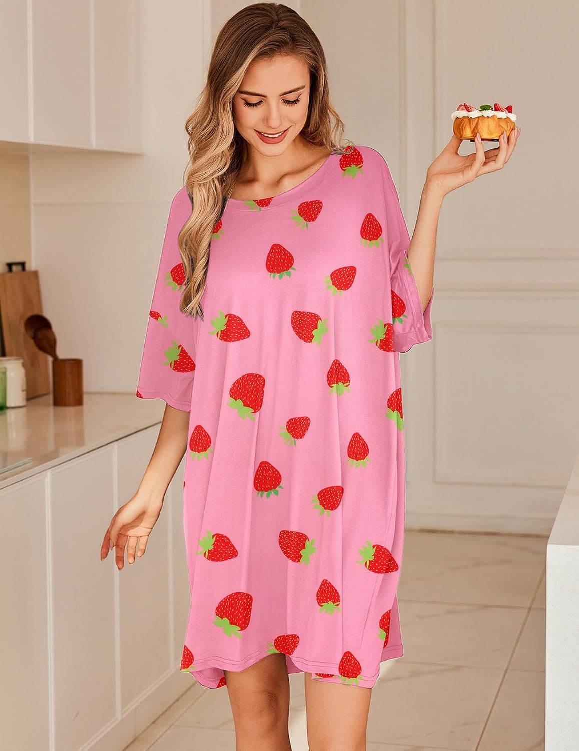 image:imageEkouaer Plus Size Nightgown for Women Oversized Sleep Shirt Sleepwear S5XLPink Strawberry