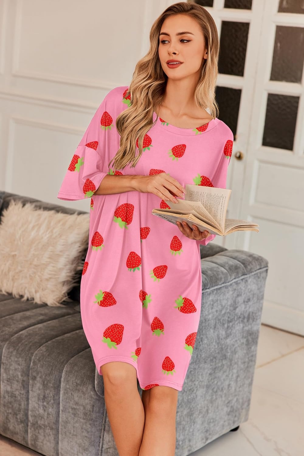 image:imageEkouaer Plus Size Nightgown for Women Oversized Sleep Shirt Sleepwear S5XLPink Strawberry