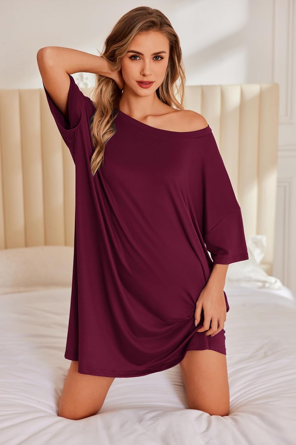 image:imageEkouaer Plus Size Nightgown for Women Oversized Sleep Shirt Sleepwear S5XLWine Red