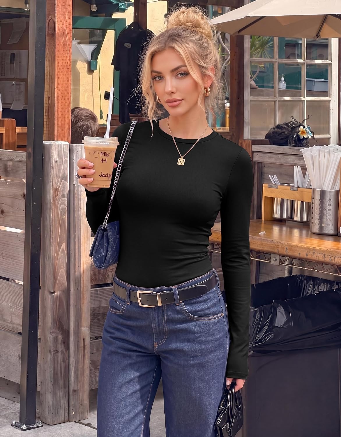 image:imageEkouaer Women Long Sleeve Thermal Shirts Micro Fleece Tops Warm UndershirtsBlackBlackWhiteDark Gray