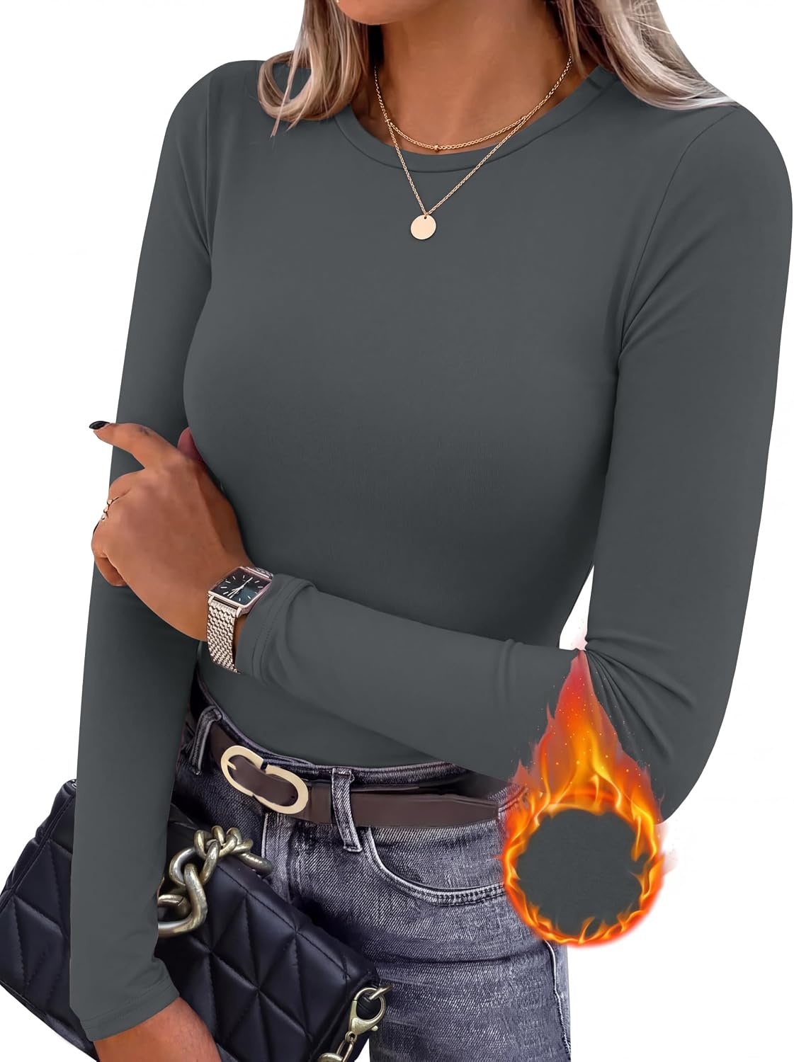 image:imageEkouaer Women Long Sleeve Thermal Shirts Micro Fleece Tops Warm UndershirtsDark Gray