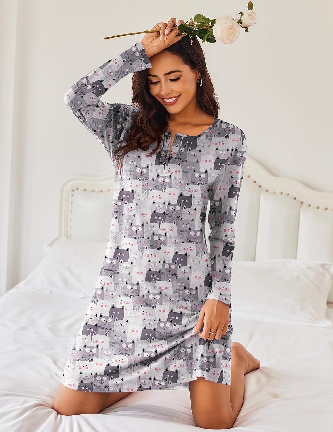 image:imageEkouaer Womens 2 Pack Nightgowns Long Sleeve Sleep Dress Sleepshirt SXXXLBlack cat Print