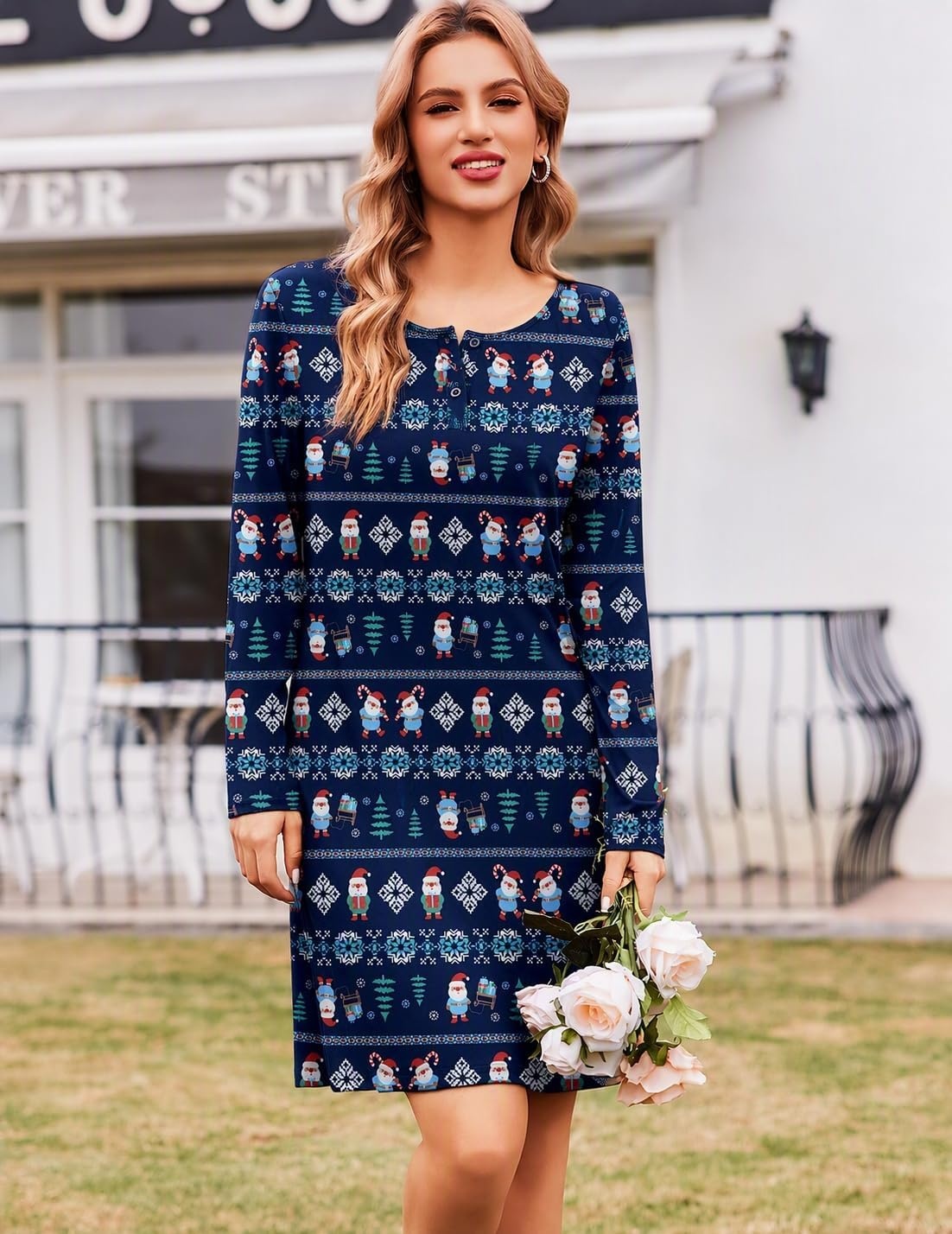 image:imageEkouaer Womens 2 Pack Nightgowns Long Sleeve Sleep Dress Sleepshirt SXXXLBlack christmas Print