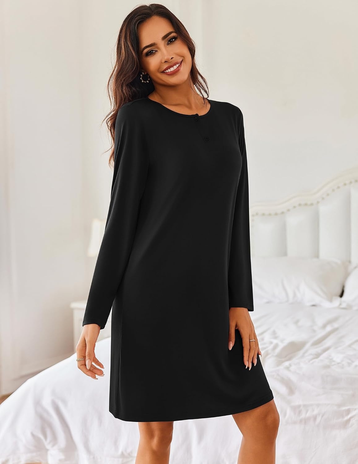 image:imageEkouaer Womens 2 Pack Nightgowns Long Sleeve Sleep Dress Sleepshirt SXXXLBlack grey
