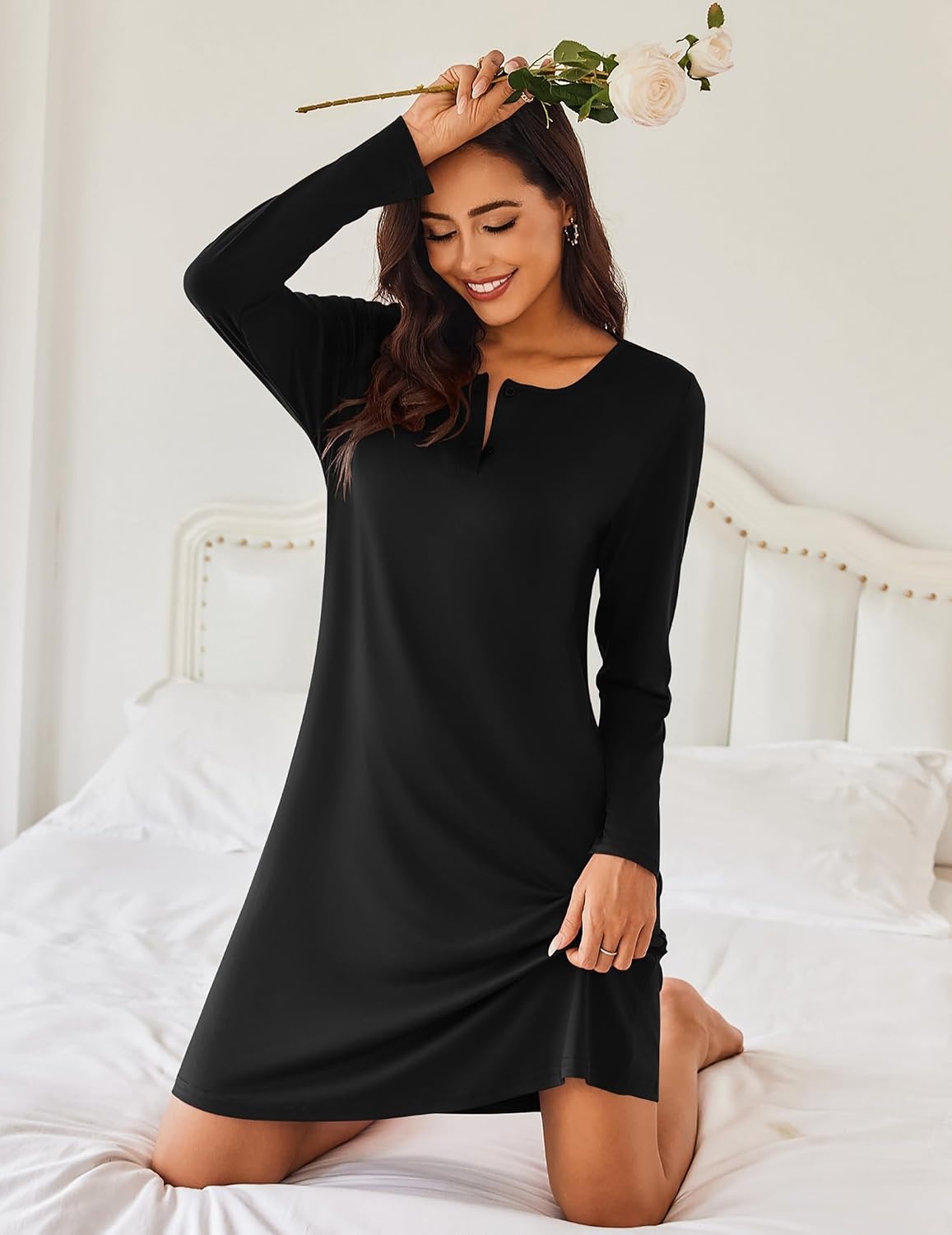 image:imageEkouaer Womens 2 Pack Nightgowns Long Sleeve Sleep Dress Sleepshirt SXXXLBlack grey