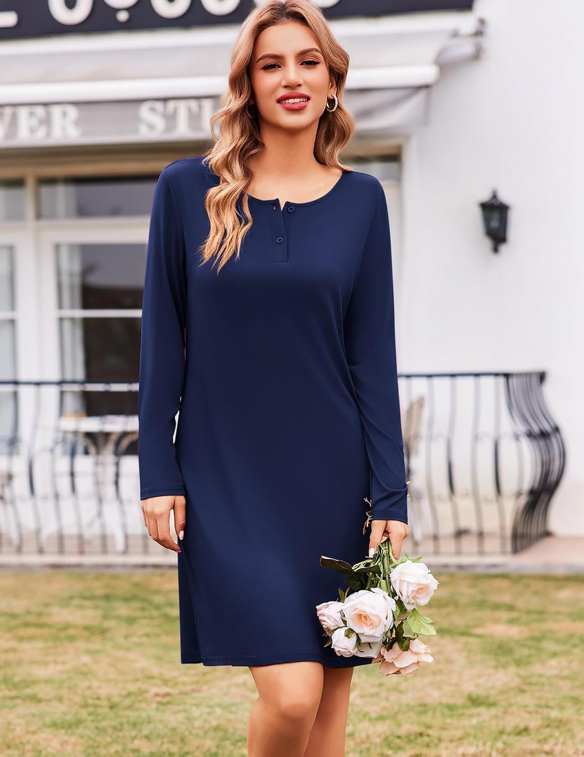 image:imageEkouaer Womens 2 Pack Nightgowns Long Sleeve Sleep Dress Sleepshirt SXXXLBlack navy Blue