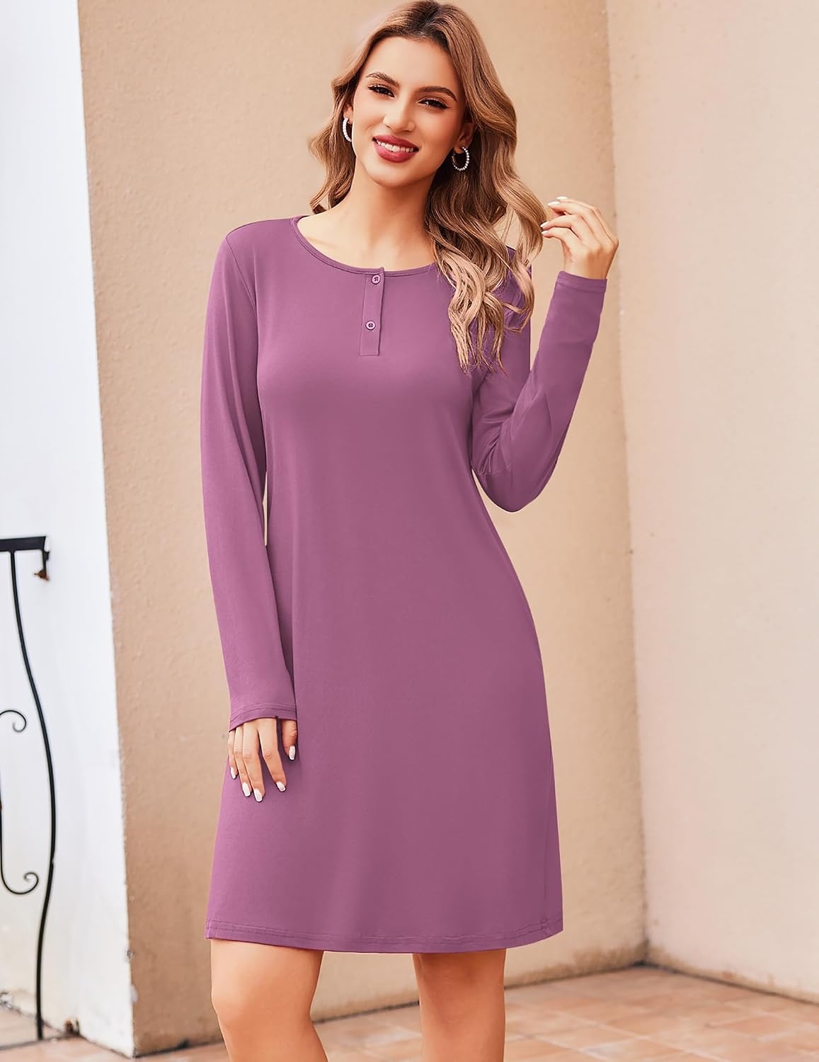 image:imageEkouaer Womens 2 Pack Nightgowns Long Sleeve Sleep Dress Sleepshirt SXXXLBlack purple