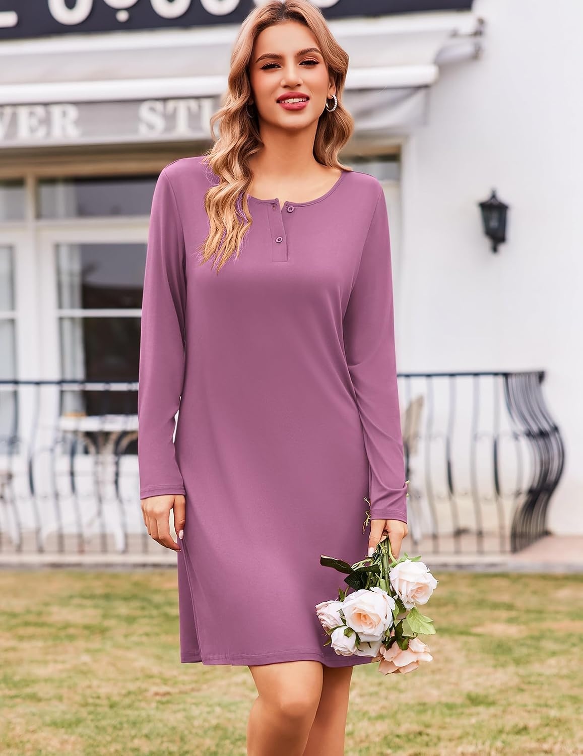 image:imageEkouaer Womens 2 Pack Nightgowns Long Sleeve Sleep Dress Sleepshirt SXXXLBlack purple