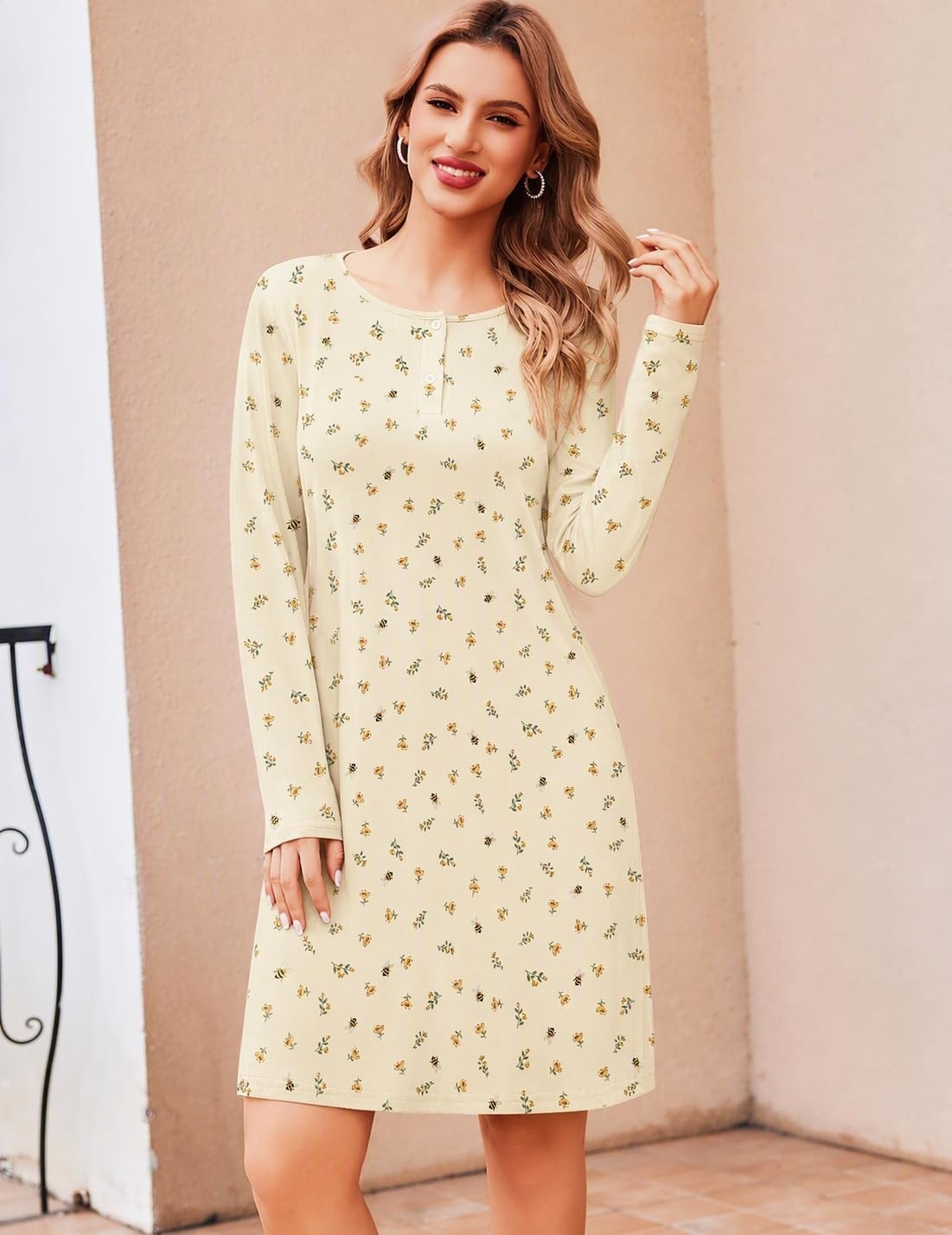 image:imageEkouaer Womens 2 Pack Nightgowns Long Sleeve Sleep Dress Sleepshirt SXXXLBlue Plaid yellow Print