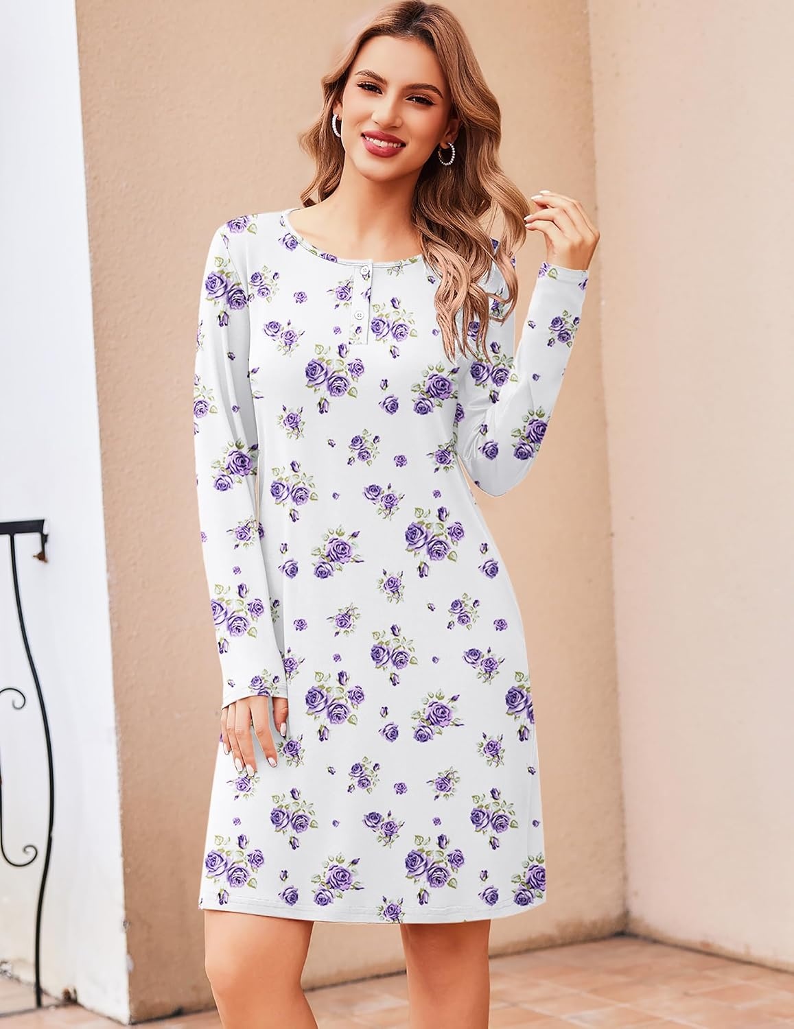 image:imageEkouaer Womens 2 Pack Nightgowns Long Sleeve Sleep Dress Sleepshirt SXXXLBlue White Floral white Purple Floral