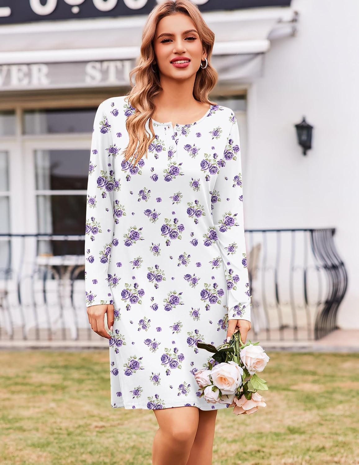 image:imageEkouaer Womens 2 Pack Nightgowns Long Sleeve Sleep Dress Sleepshirt SXXXLBlue White Floral white Purple Floral