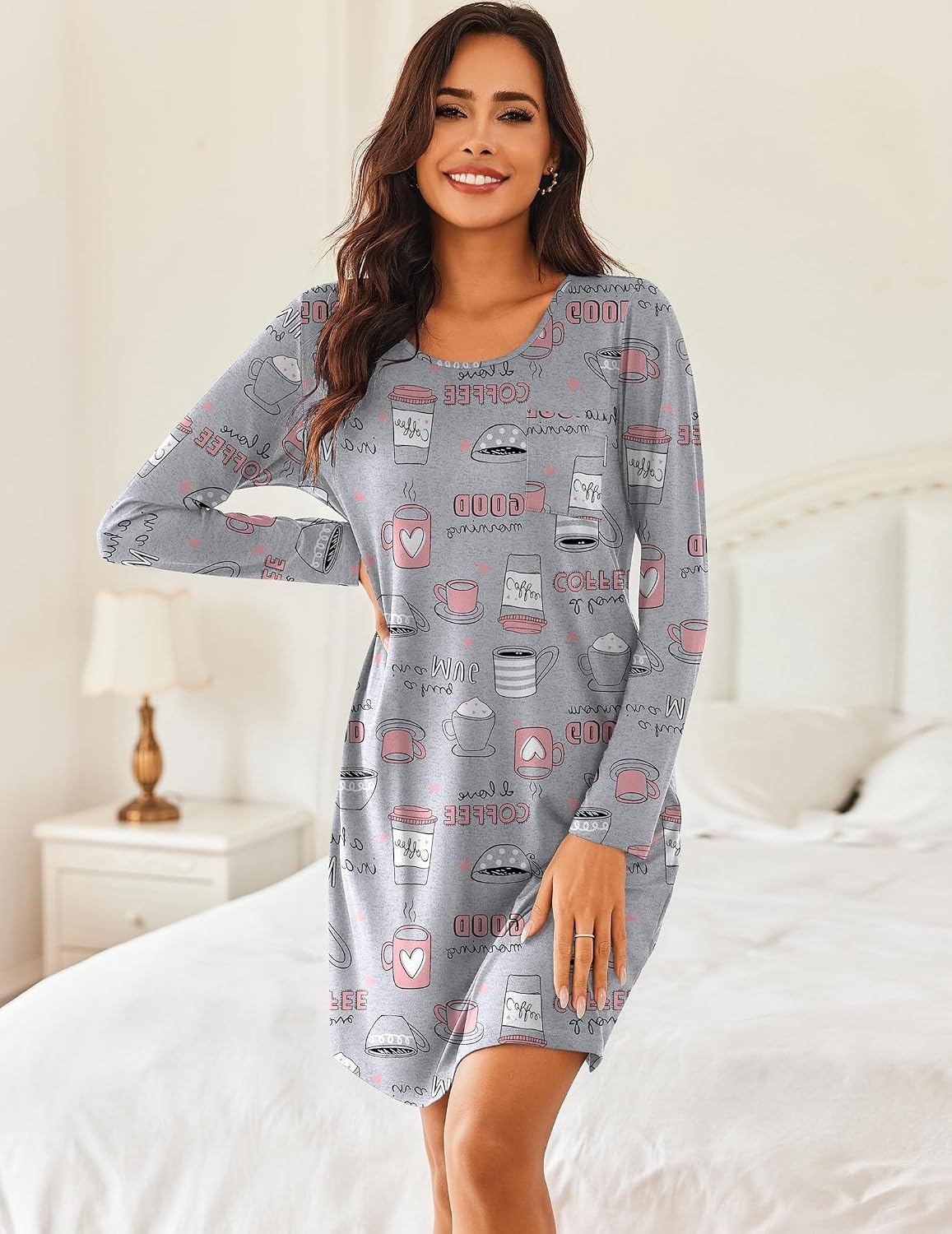 image:imageEkouaer Womens 2 Pack Nightgowns Long Sleeve Sleep Dress Sleepshirt SXXXLCoffee star Print