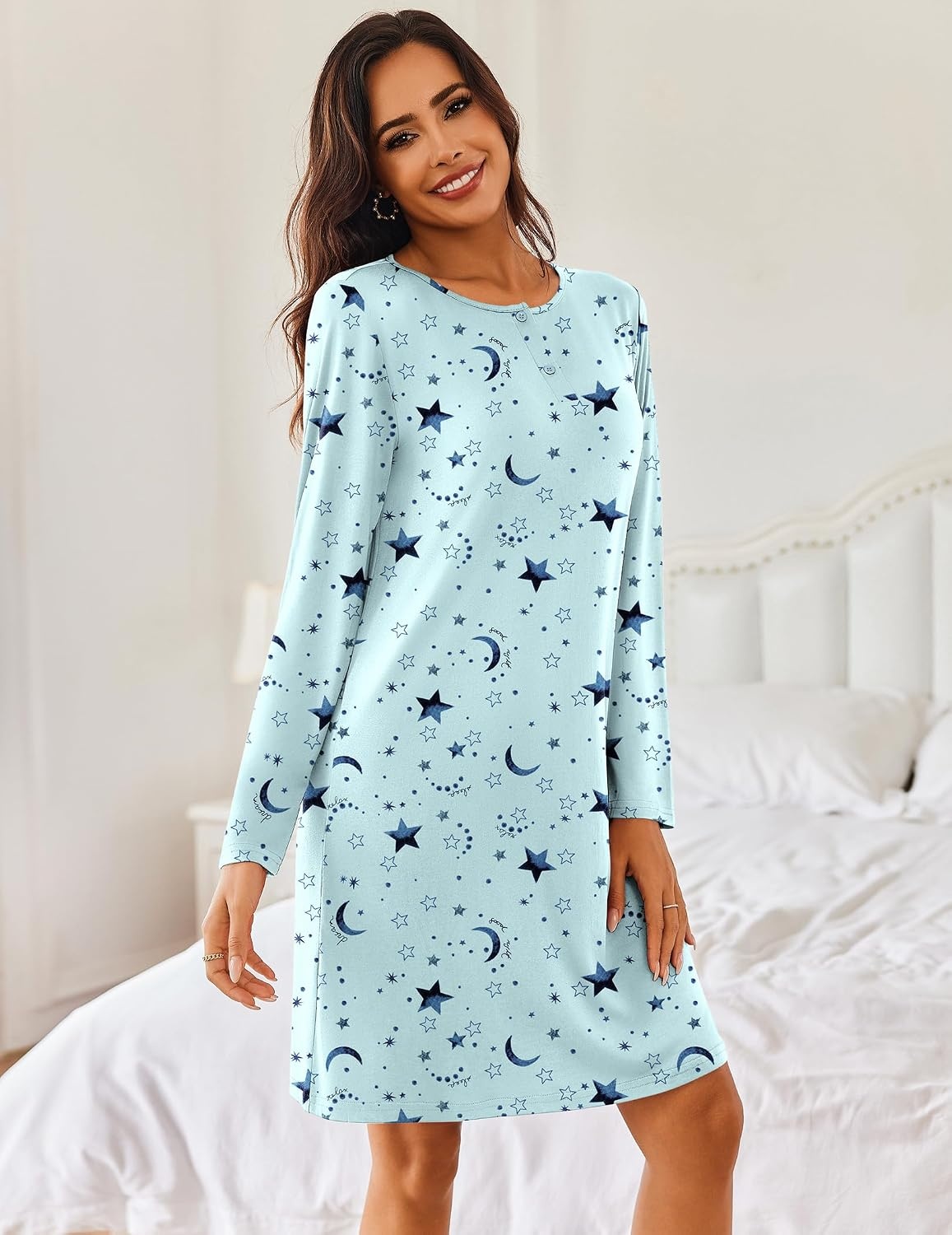image:imageEkouaer Womens 2 Pack Nightgowns Long Sleeve Sleep Dress Sleepshirt SXXXLCoffee star Print