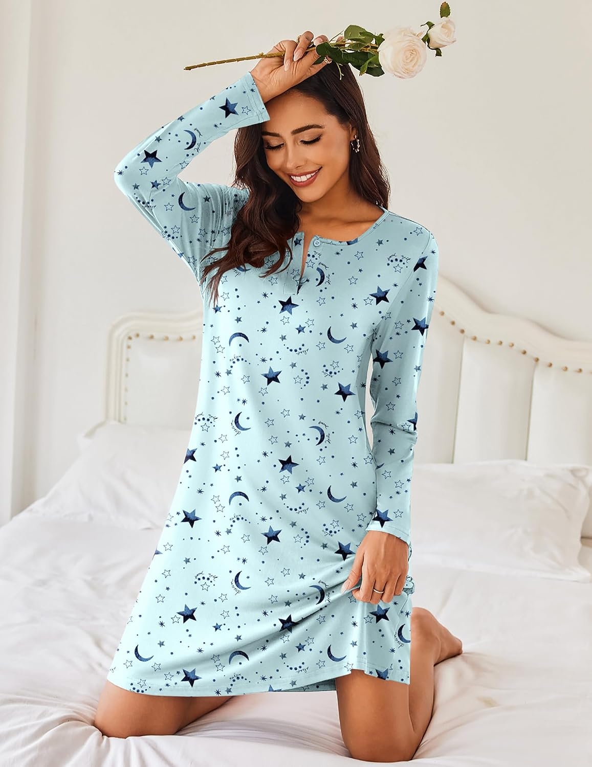 image:imageEkouaer Womens 2 Pack Nightgowns Long Sleeve Sleep Dress Sleepshirt SXXXLCoffee star Print