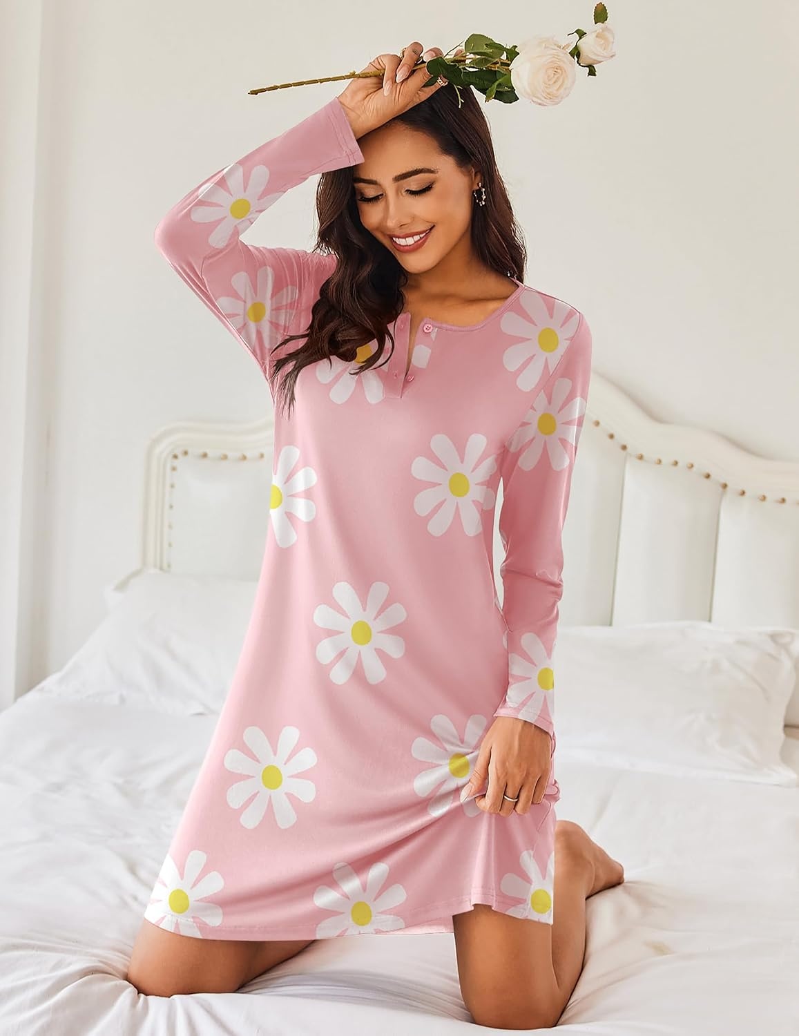 image:imageEkouaer Womens 2 Pack Nightgowns Long Sleeve Sleep Dress Sleepshirt SXXXLGrey Floral pink Floral
