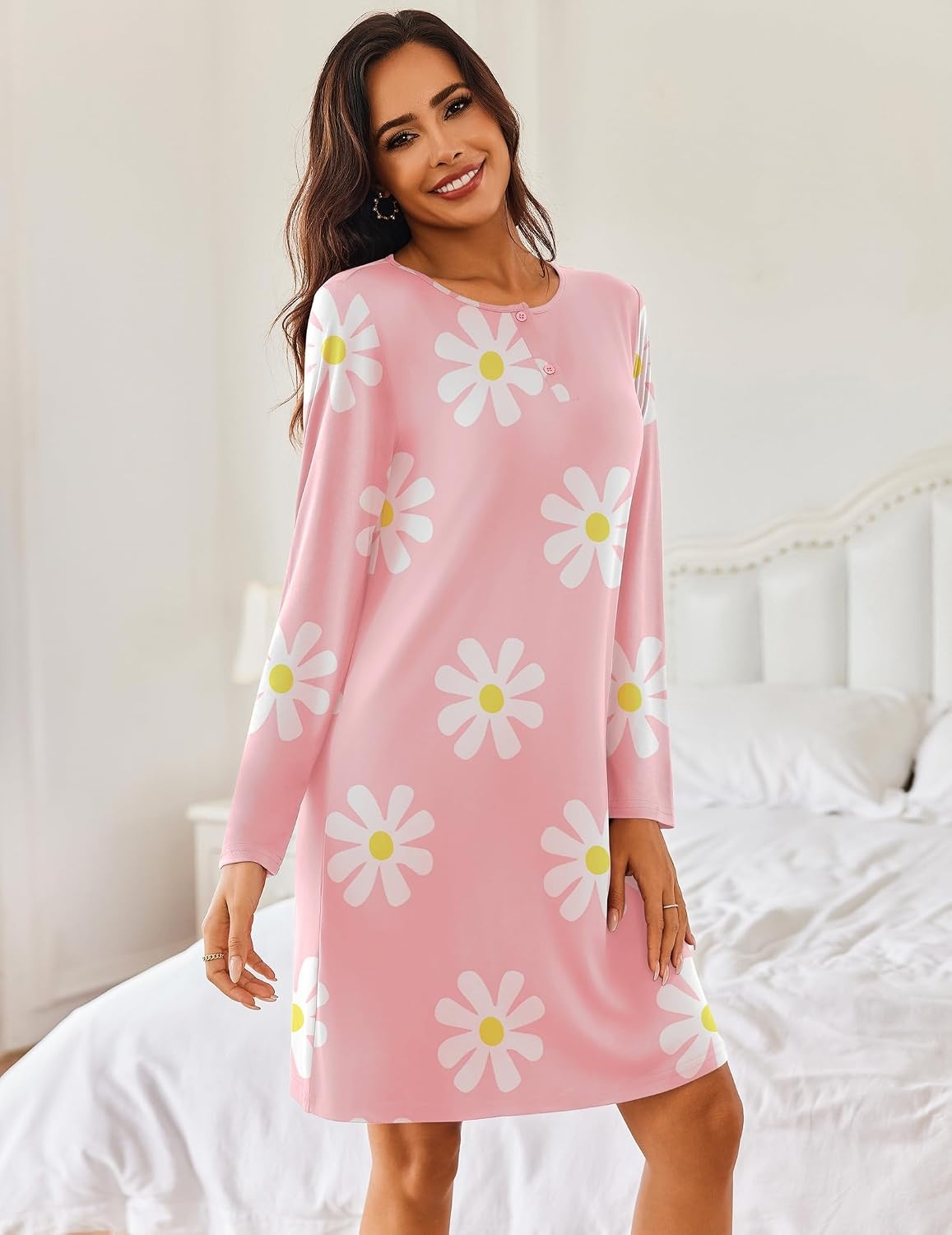 image:imageEkouaer Womens 2 Pack Nightgowns Long Sleeve Sleep Dress Sleepshirt SXXXLGrey Floral pink Floral