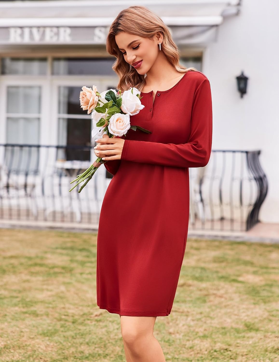 image:imageEkouaer Womens 2 Pack Nightgowns Long Sleeve Sleep Dress Sleepshirt SXXXLNavy Blue wine Red