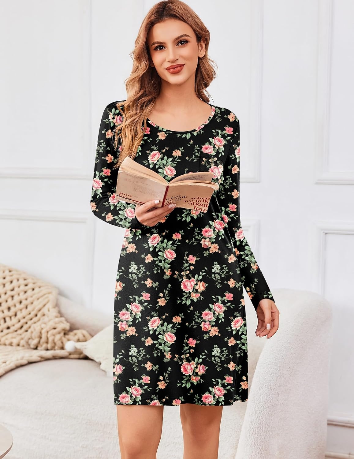 image:imageEkouaer Womens 2 Pack Nightgowns Long Sleeve Sleep Dress Sleepshirt SXXXLNavy Blue wine Red