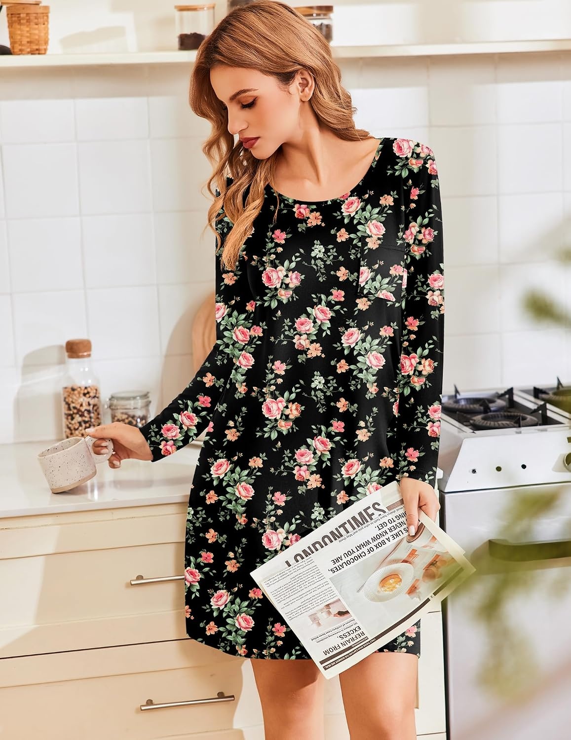image:imageEkouaer Womens 2 Pack Nightgowns Long Sleeve Sleep Dress Sleepshirt SXXXLNavy Blue wine Red