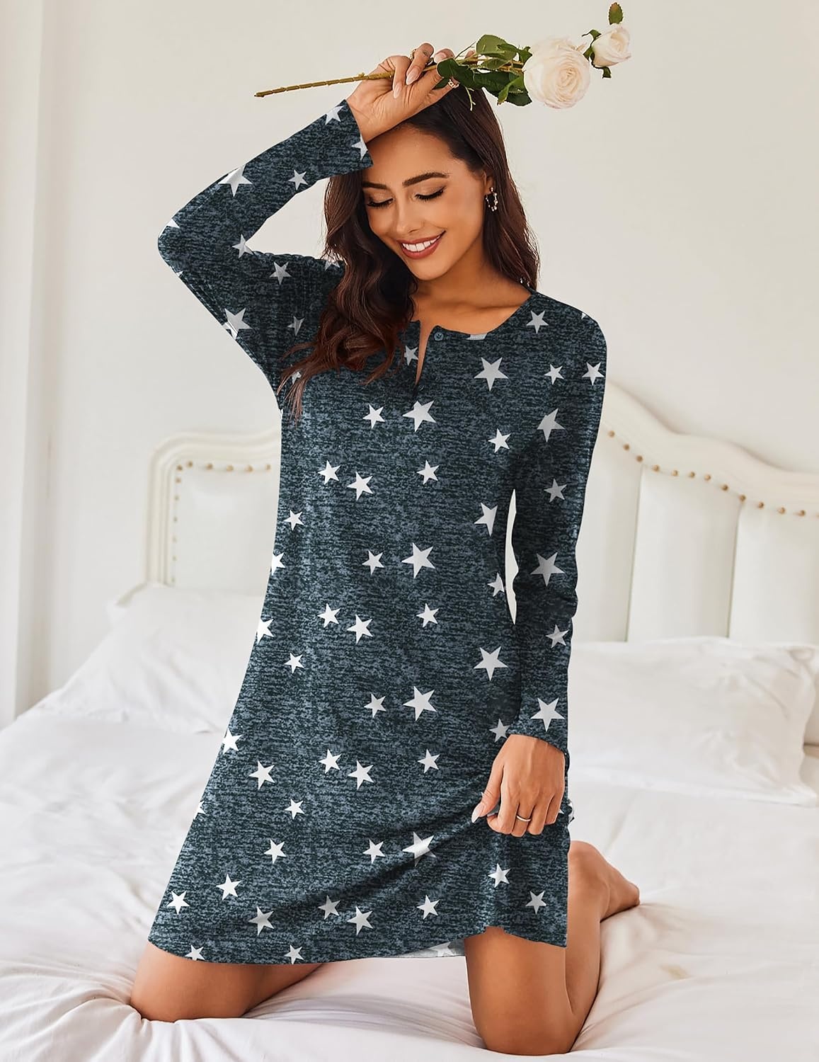 image:imageEkouaer Womens 2 Pack Nightgowns Long Sleeve Sleep Dress Sleepshirt SXXXLStar constellation