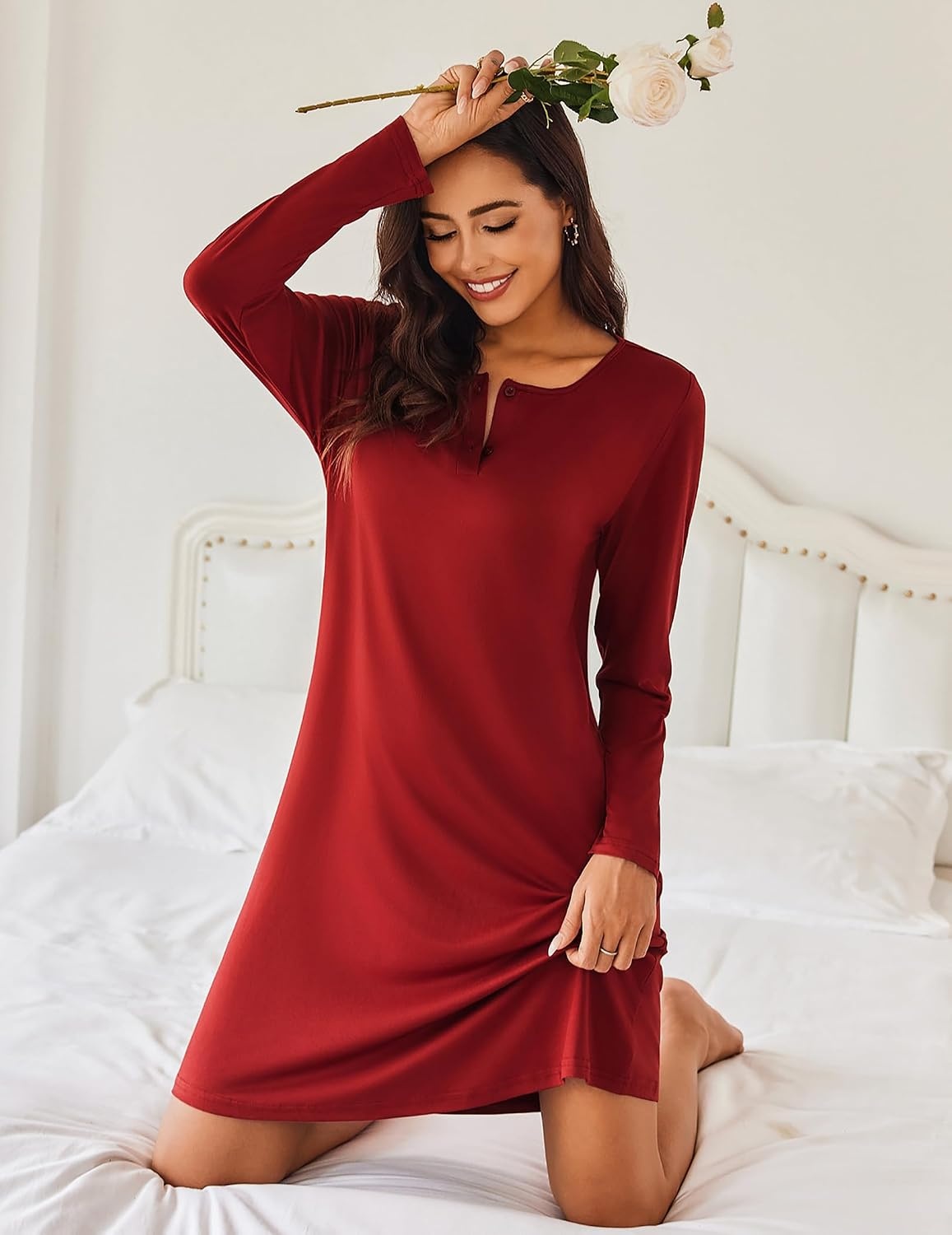 image:imageEkouaer Womens 2 Pack Nightgowns Long Sleeve Sleep Dress Sleepshirt SXXXLWine Red navy Blue