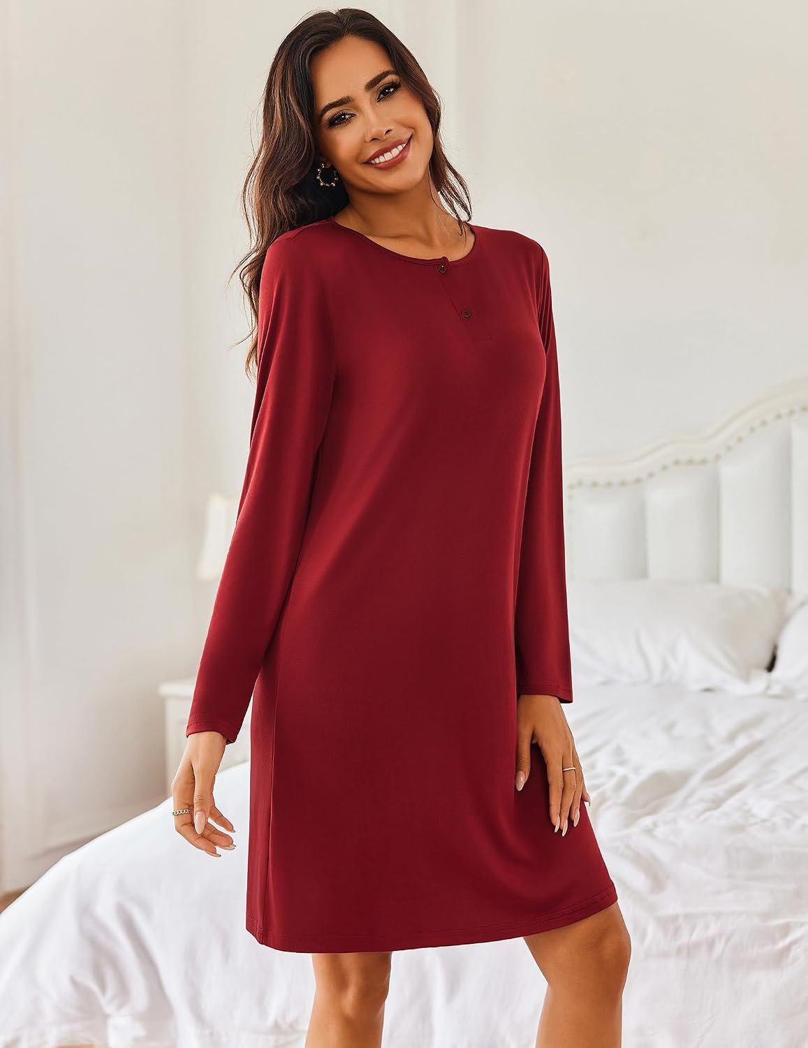image:imageEkouaer Womens 2 Pack Nightgowns Long Sleeve Sleep Dress Sleepshirt SXXXLWine Red navy Blue