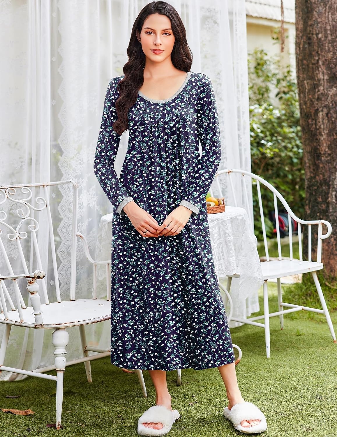 image:imageEkouaer Womens Long Sleeve Nightgowns Full Length Sleep Dress SleepshirtsBlack With White Flowers
