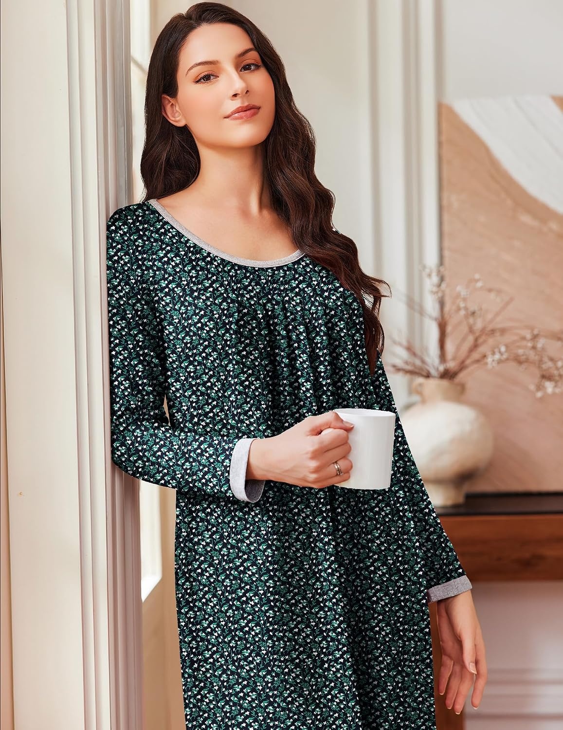 image:imageEkouaer Womens Long Sleeve Nightgowns Full Length Sleep Dress SleepshirtsBlack With White Flowers