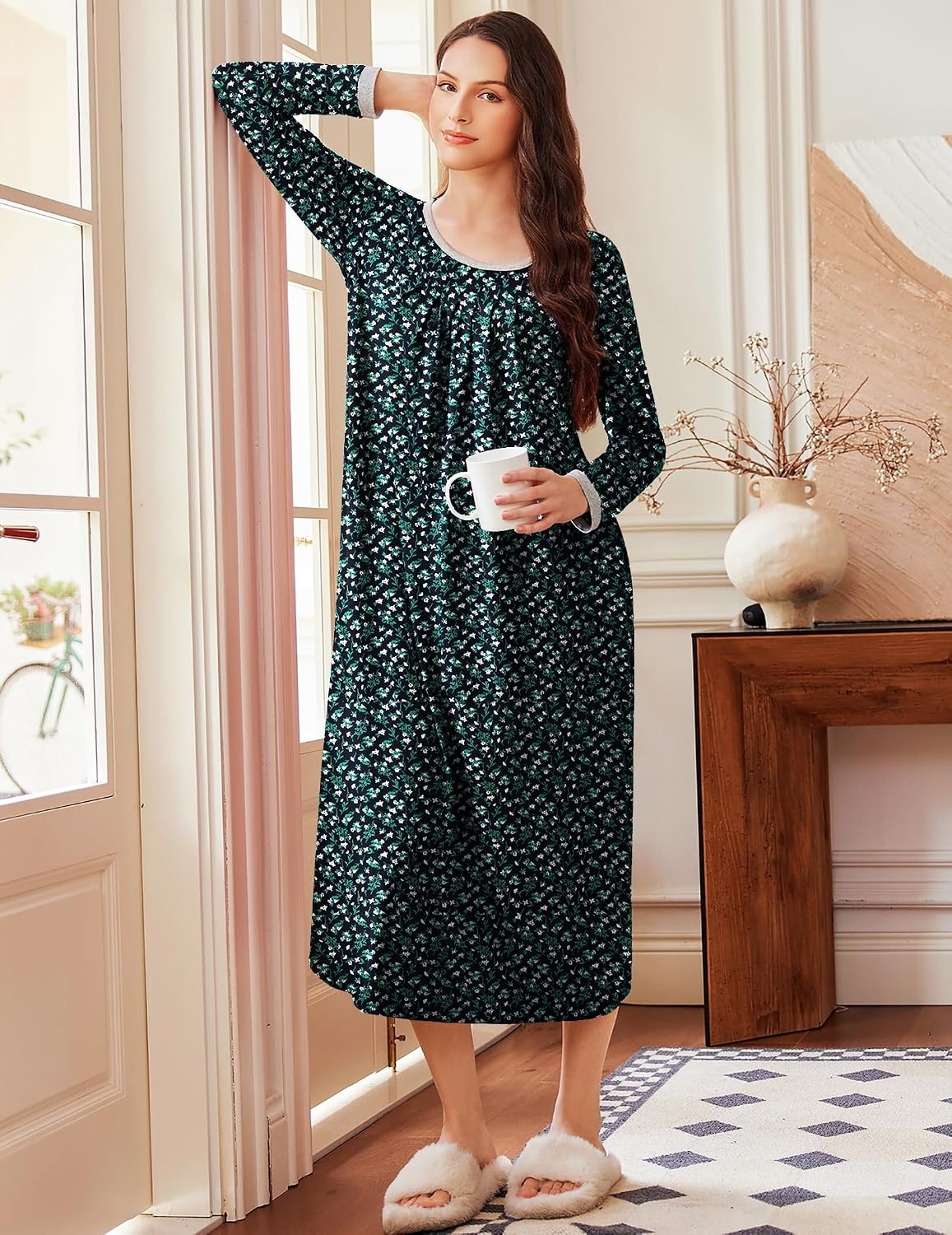 image:imageEkouaer Womens Long Sleeve Nightgowns Full Length Sleep Dress SleepshirtsBlack With White Flowers
