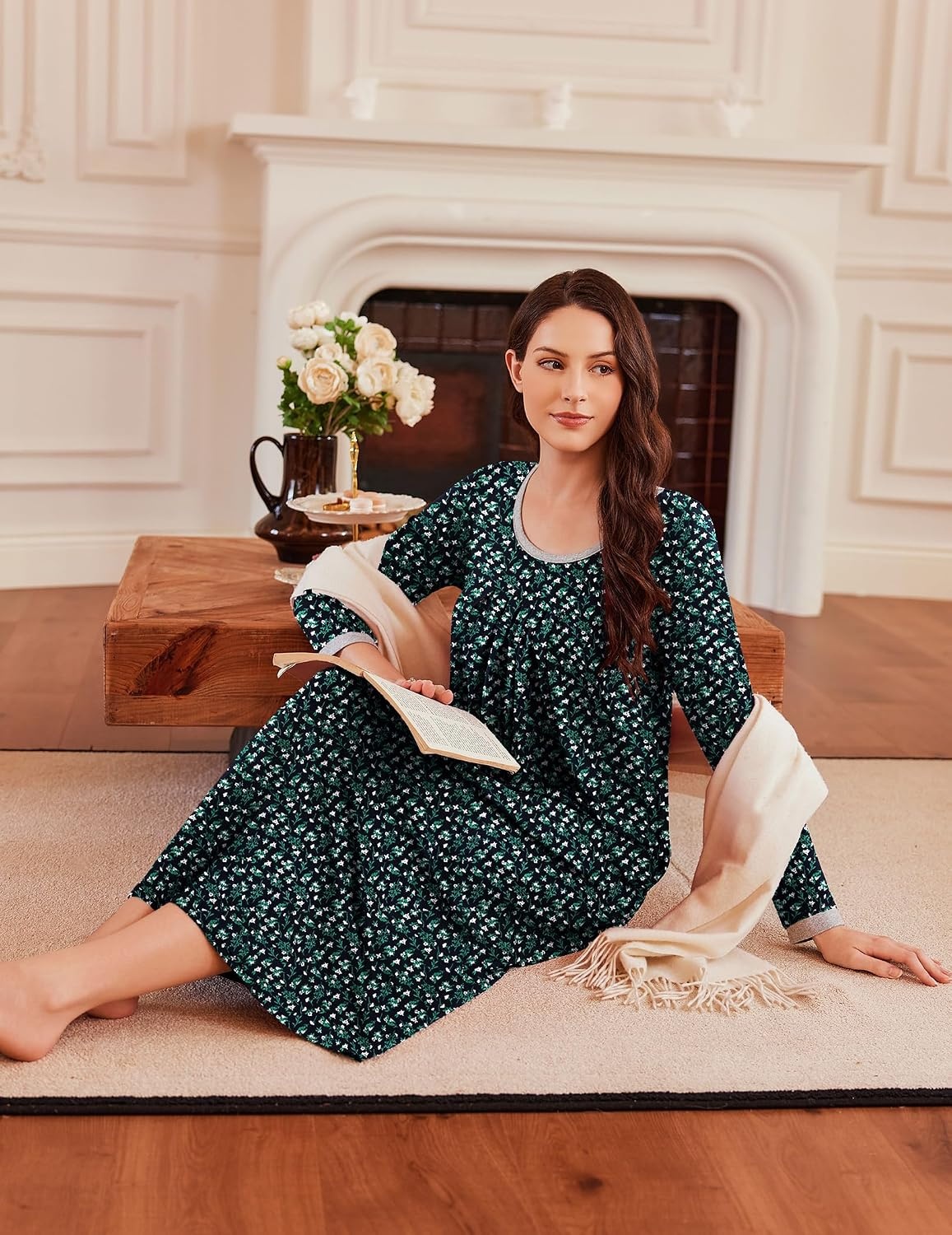 image:imageEkouaer Womens Long Sleeve Nightgowns Full Length Sleep Dress SleepshirtsBlack With White Flowers