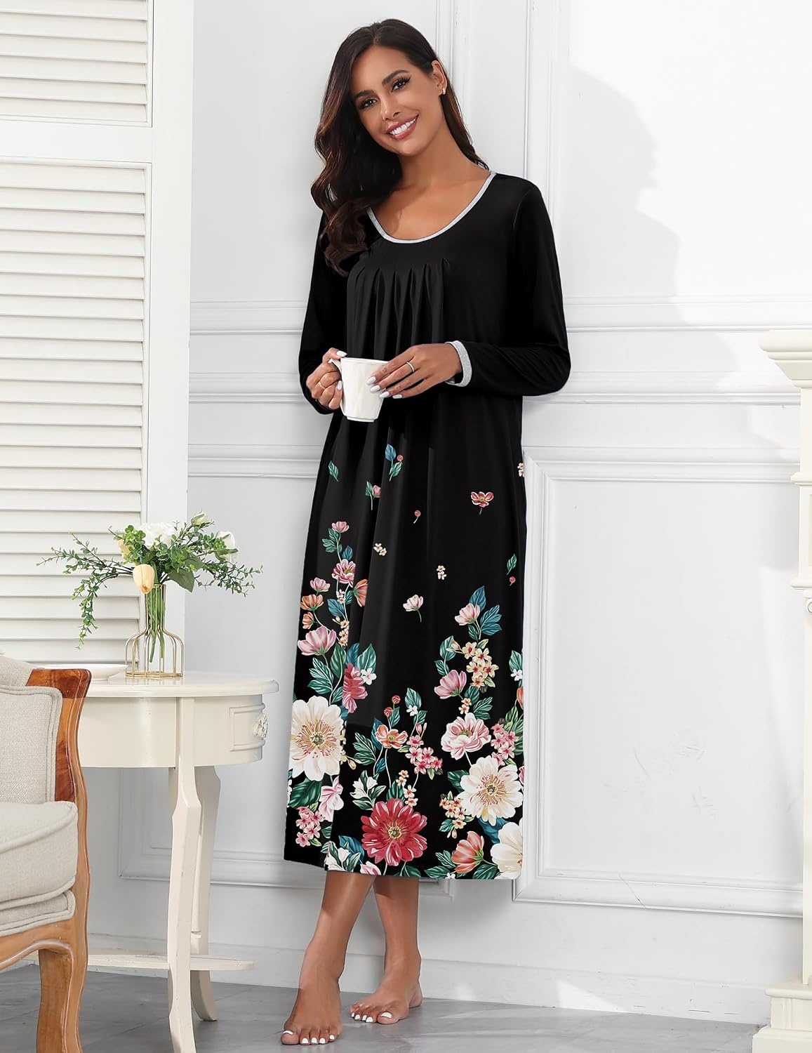 image:imageEkouaer Womens Long Sleeve Nightgowns Full Length Sleep Dress SleepshirtsBlackColorful Flower
