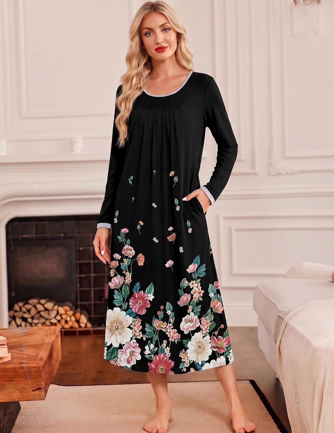 image:imageEkouaer Womens Long Sleeve Nightgowns Full Length Sleep Dress SleepshirtsBlackColorful Flower