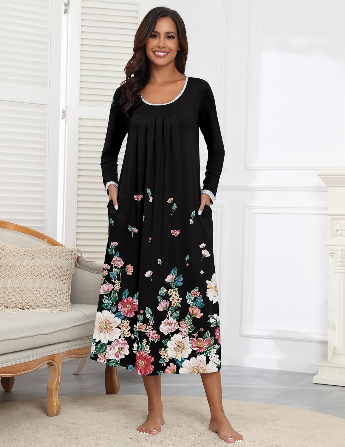 image:imageEkouaer Womens Long Sleeve Nightgowns Full Length Sleep Dress SleepshirtsBlackColorful Flower