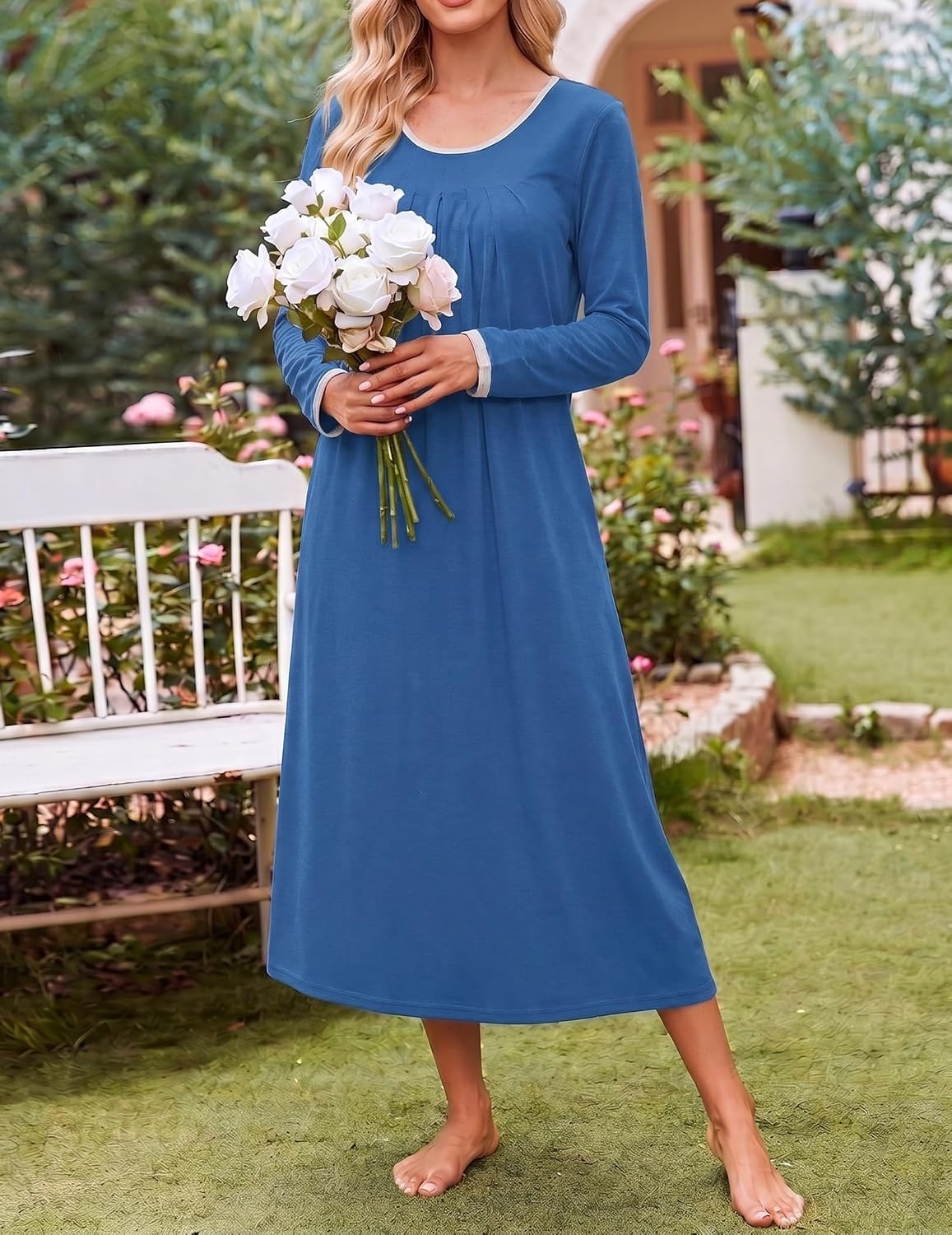 image:imageEkouaer Womens Long Sleeve Nightgowns Full Length Sleep Dress SleepshirtsBlue