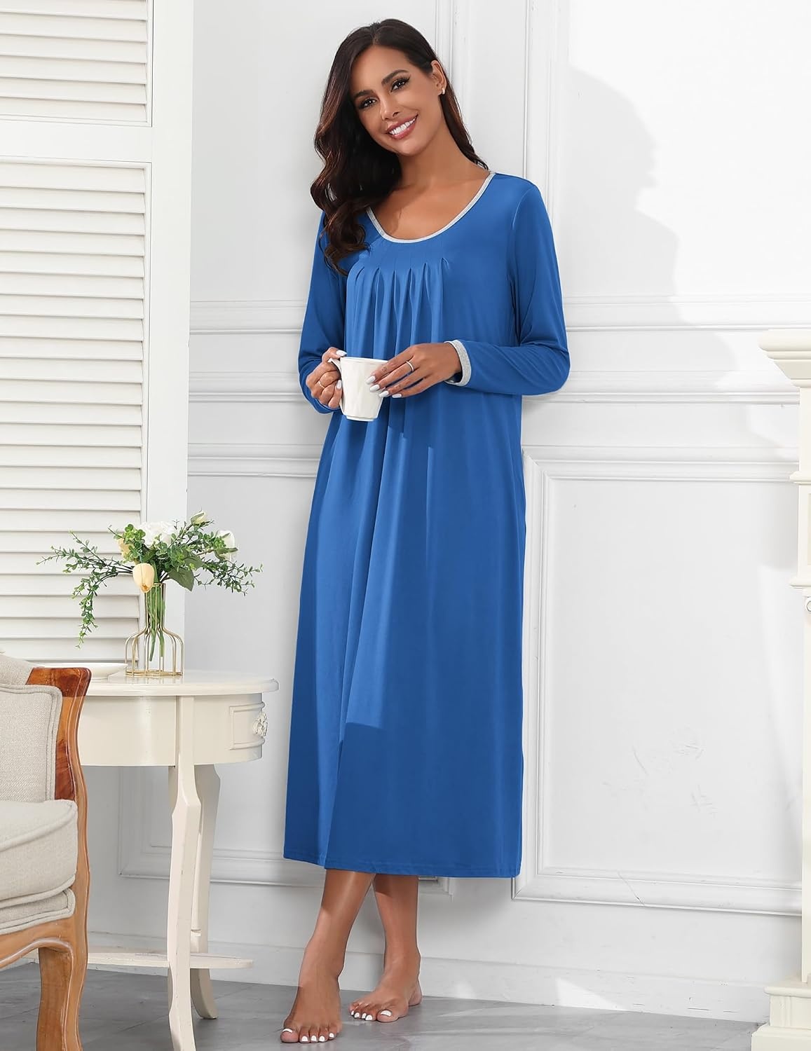image:imageEkouaer Womens Long Sleeve Nightgowns Full Length Sleep Dress SleepshirtsBlue