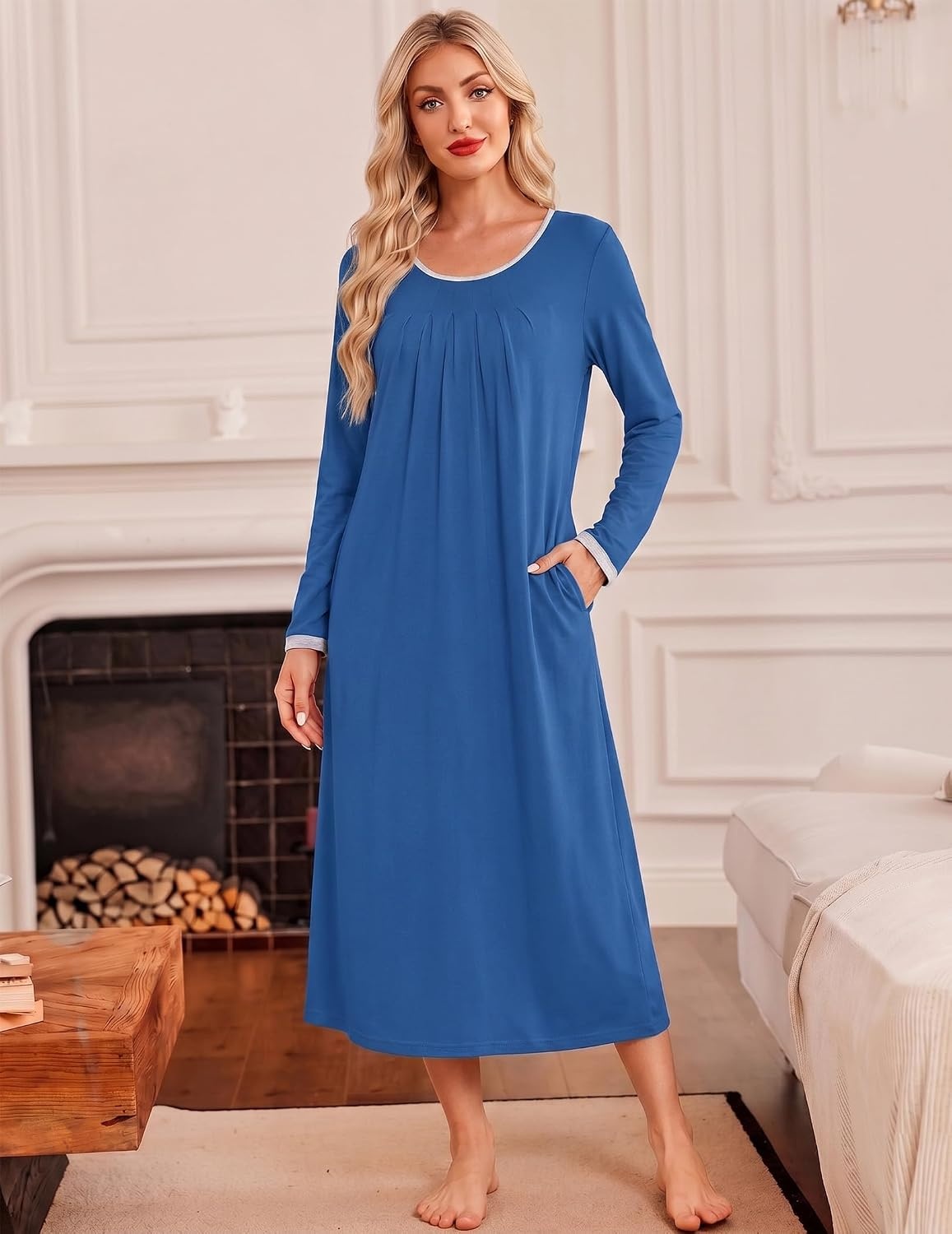 image:imageEkouaer Womens Long Sleeve Nightgowns Full Length Sleep Dress SleepshirtsBlue
