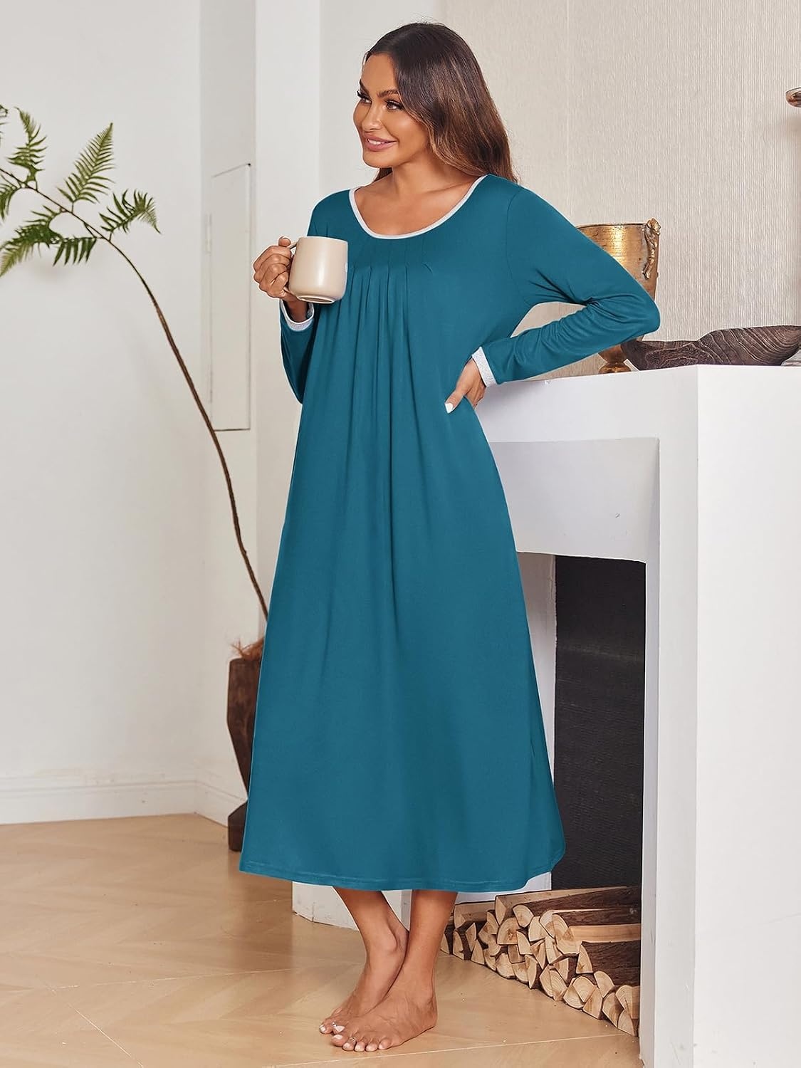 image:imageEkouaer Womens Long Sleeve Nightgowns Full Length Sleep Dress SleepshirtsBlue Green