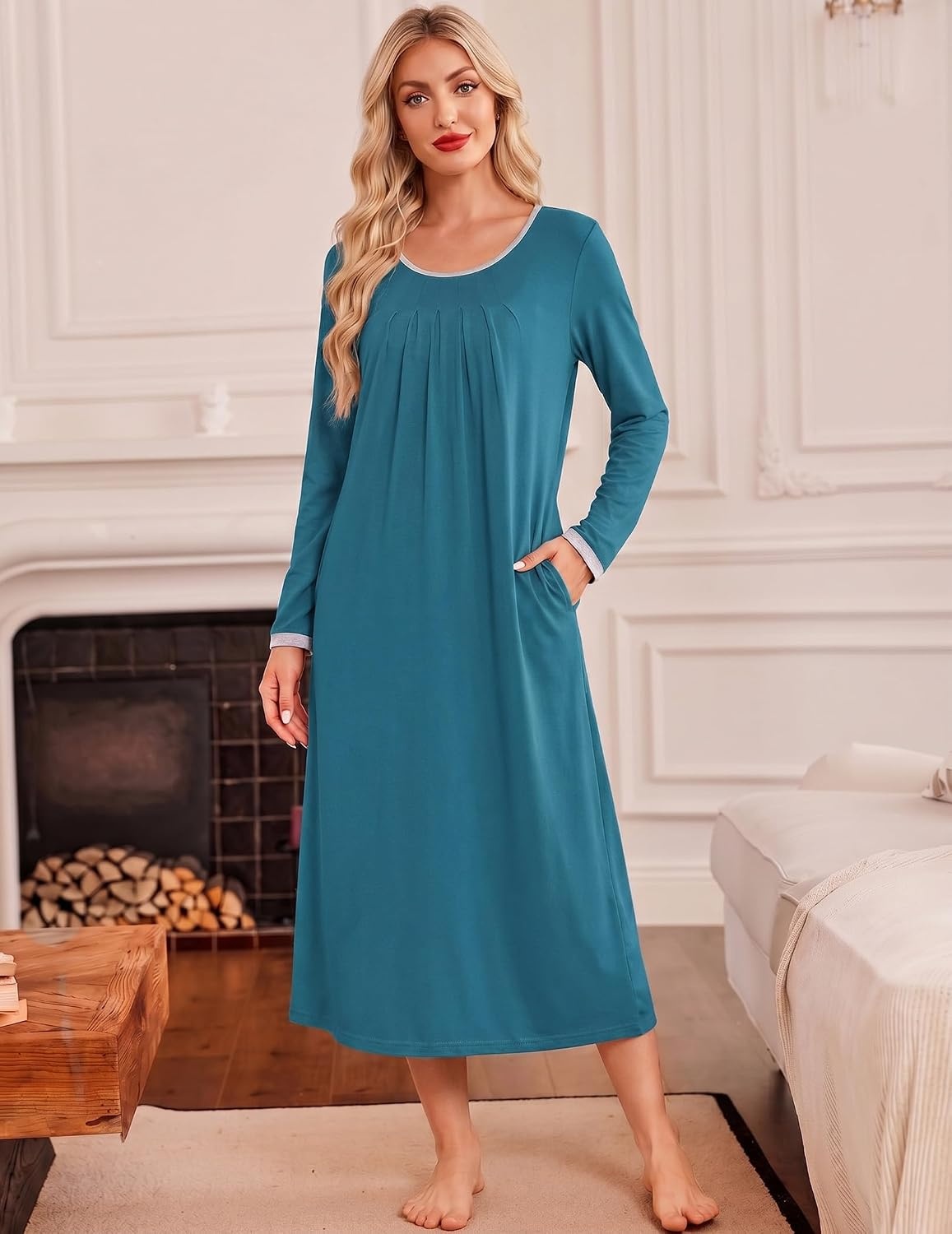 image:imageEkouaer Womens Long Sleeve Nightgowns Full Length Sleep Dress SleepshirtsBlue Green