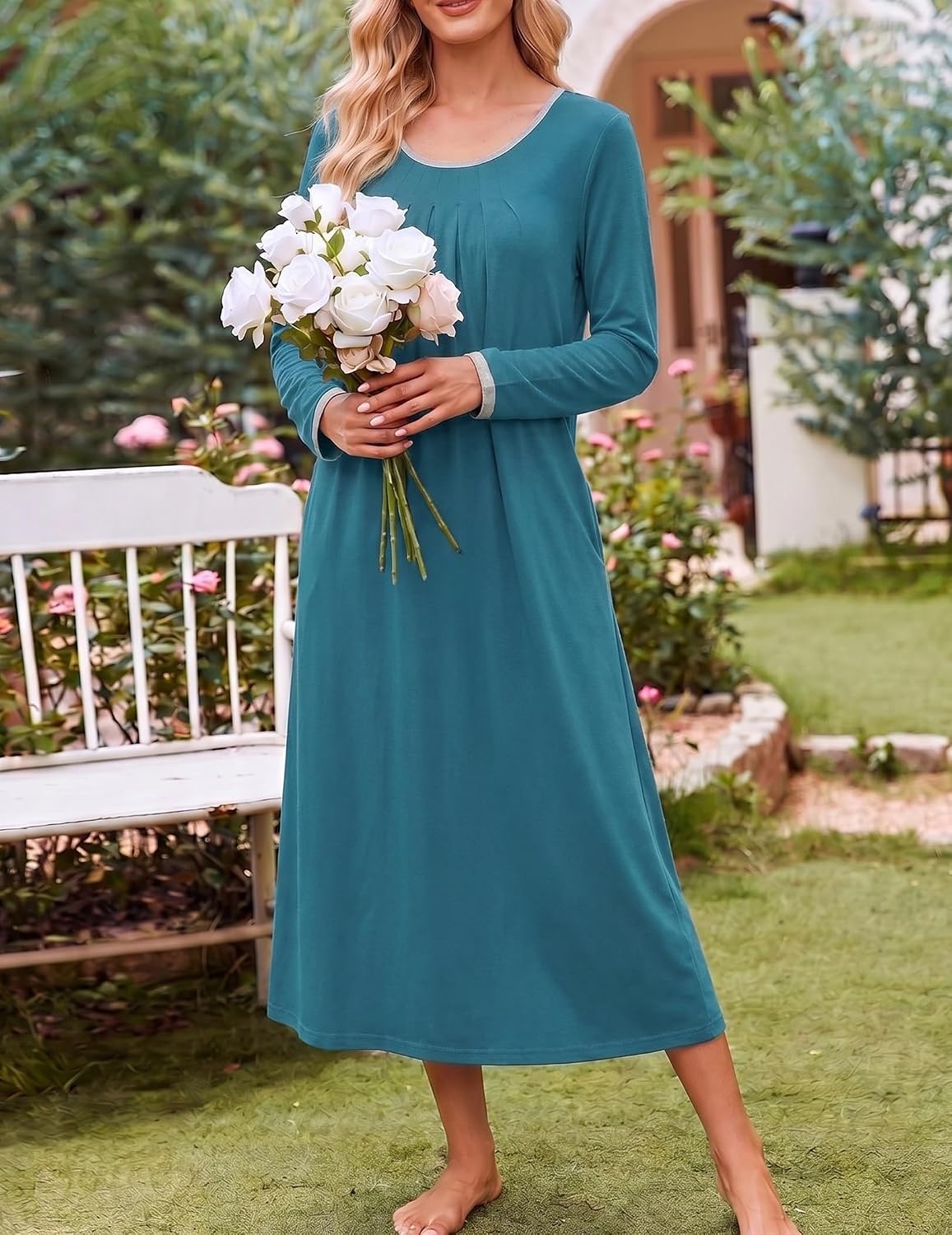 image:imageEkouaer Womens Long Sleeve Nightgowns Full Length Sleep Dress SleepshirtsBlue Green