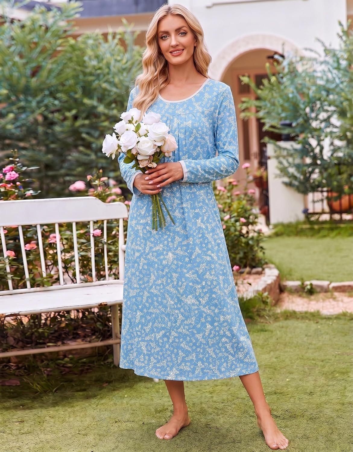 image:imageEkouaer Womens Long Sleeve Nightgowns Full Length Sleep Dress SleepshirtsBlue With White Flowers