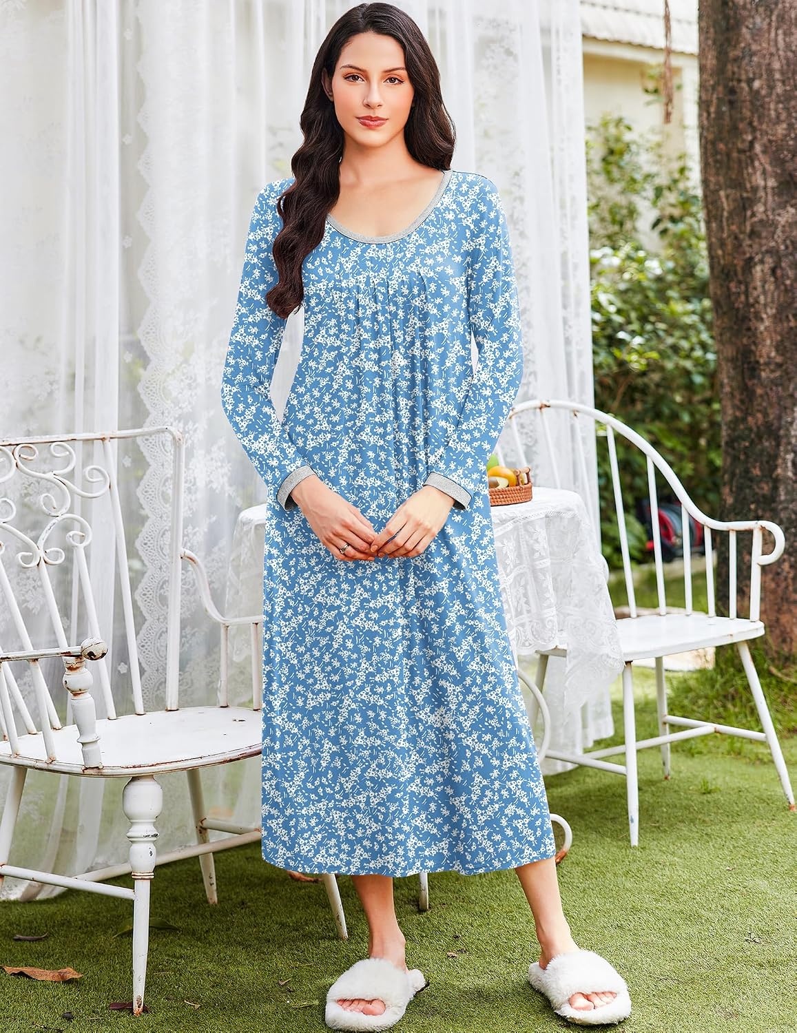 image:imageEkouaer Womens Long Sleeve Nightgowns Full Length Sleep Dress SleepshirtsBlue With White Flowers