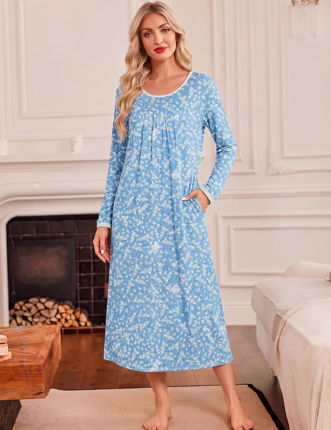 image:imageEkouaer Womens Long Sleeve Nightgowns Full Length Sleep Dress SleepshirtsBlue With White Flowers