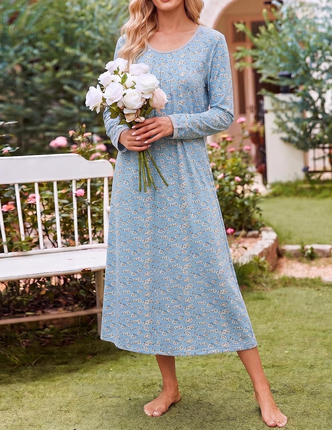 image:imageEkouaer Womens Long Sleeve Nightgowns Full Length Sleep Dress SleepshirtsBlueRed Flowers