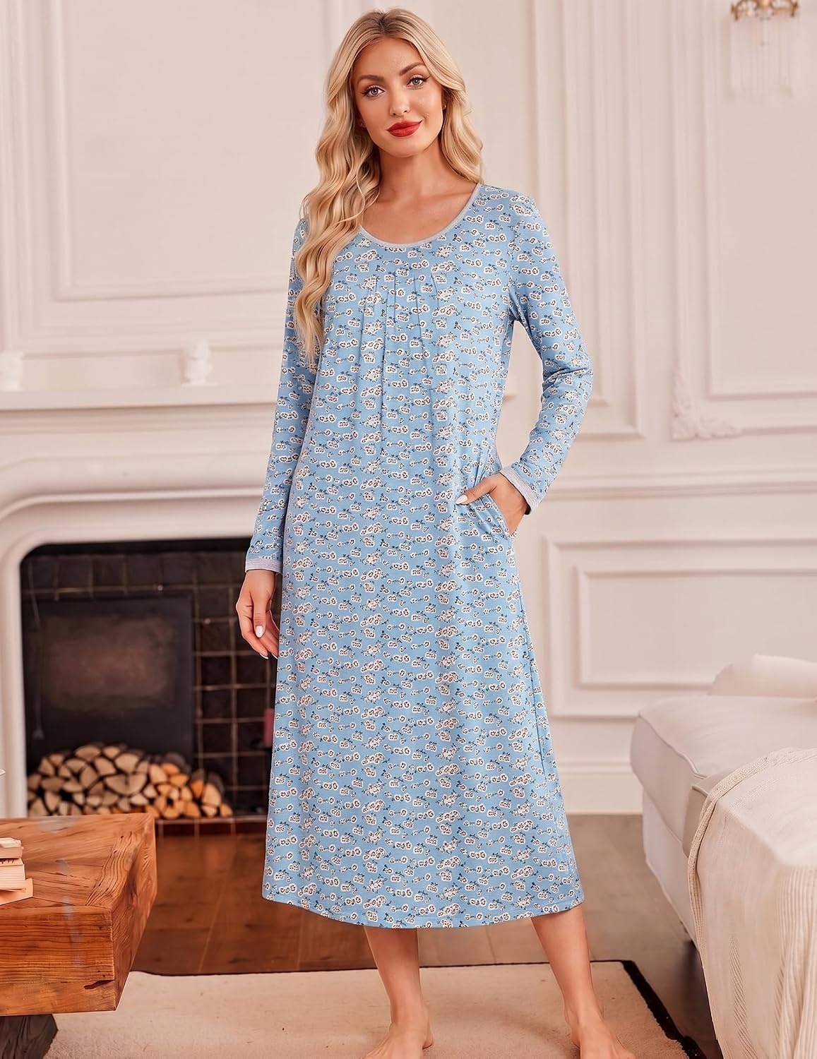 image:imageEkouaer Womens Long Sleeve Nightgowns Full Length Sleep Dress SleepshirtsBlueRed Flowers