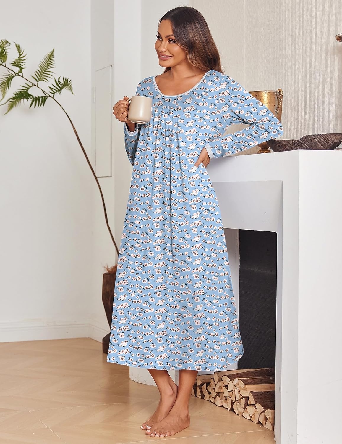 image:imageEkouaer Womens Long Sleeve Nightgowns Full Length Sleep Dress SleepshirtsBlueRed Flowers