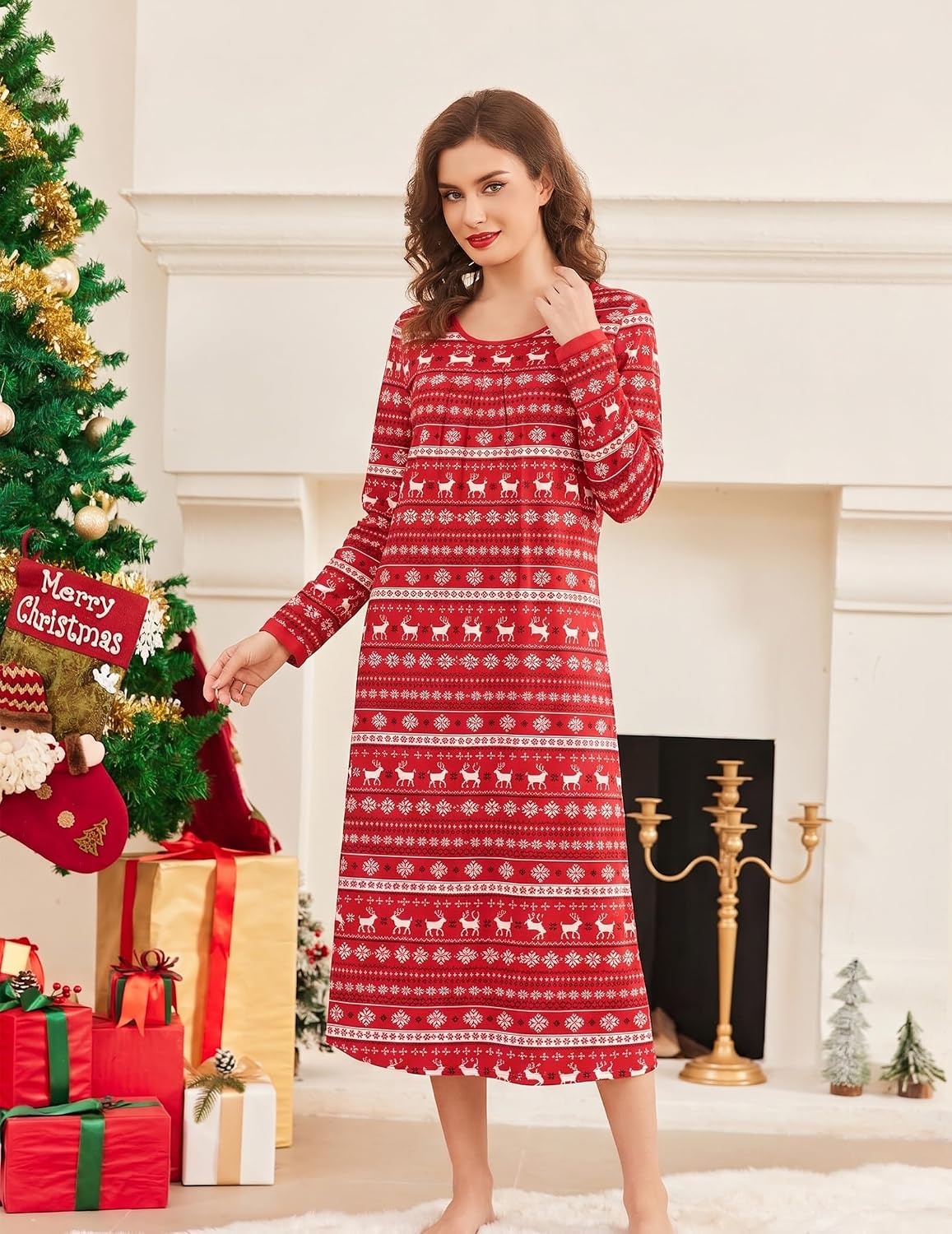 image:imageEkouaer Womens Long Sleeve Nightgowns Full Length Sleep Dress SleepshirtsChristmas Elk