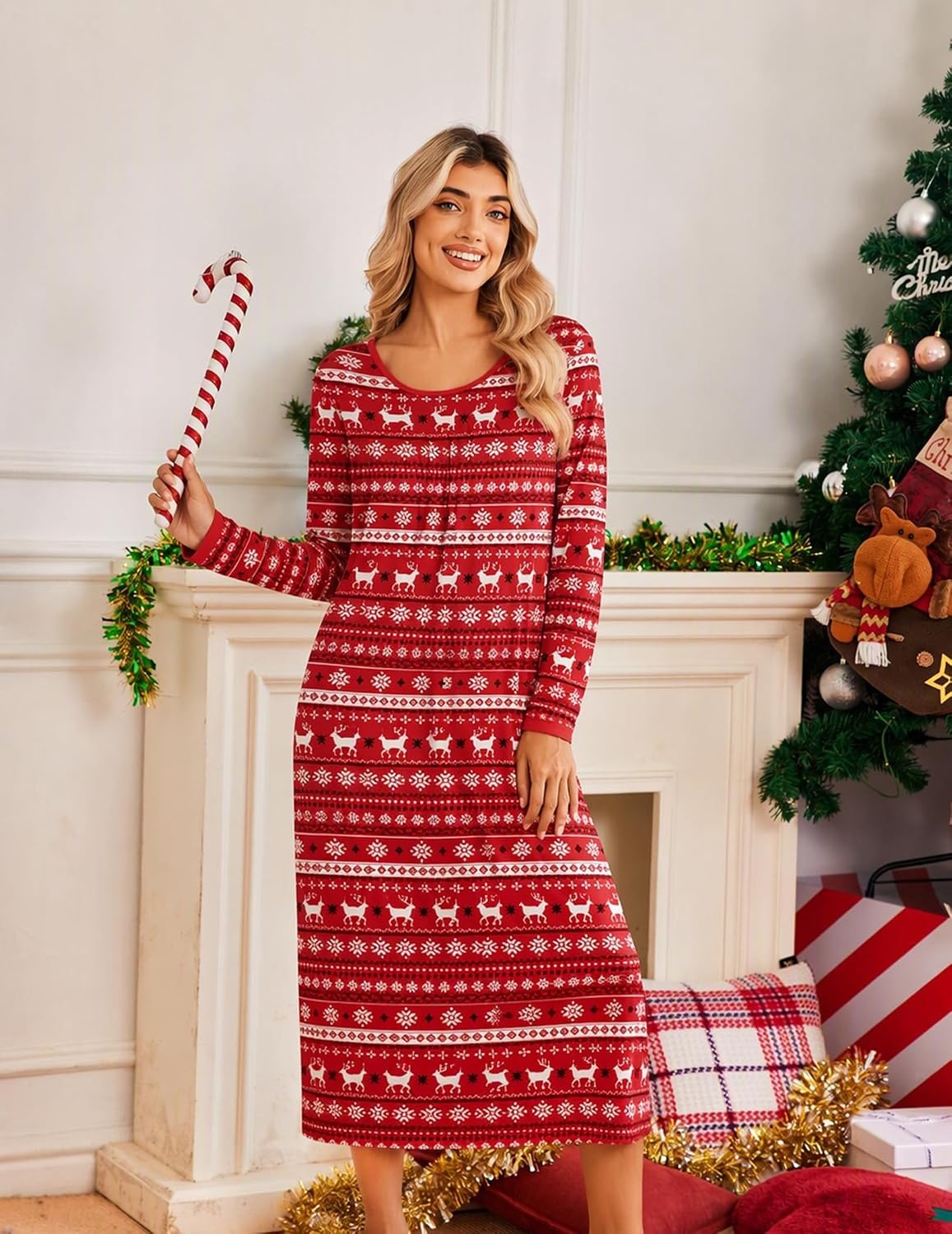 image:imageEkouaer Womens Long Sleeve Nightgowns Full Length Sleep Dress SleepshirtsChristmas Elk