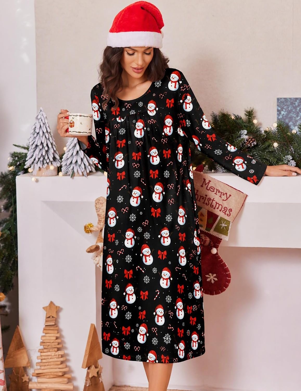 image:imageEkouaer Womens Long Sleeve Nightgowns Full Length Sleep Dress SleepshirtsChristmas Snowman