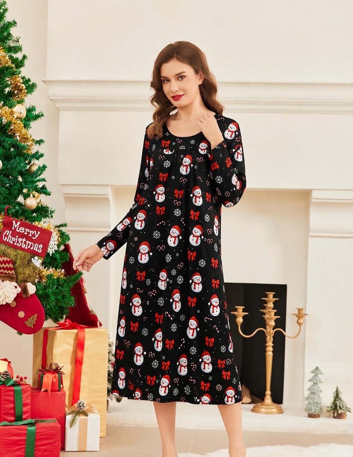image:imageEkouaer Womens Long Sleeve Nightgowns Full Length Sleep Dress SleepshirtsChristmas Snowman